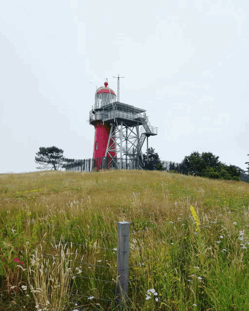 a red lighthouse sits in the middle of a field