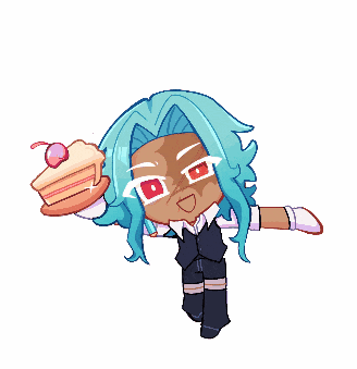 a cartoon character with blue hair and red eyes is holding a piece of cake with a cherry on top