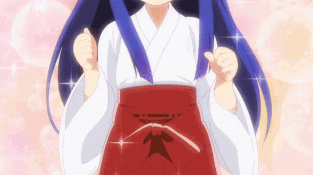 a girl with blue hair is wearing a white kimono and red shorts