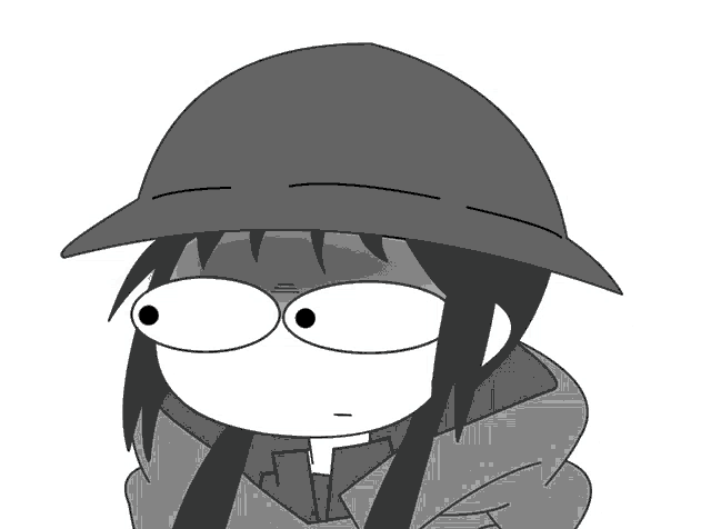 a black and white drawing of a girl wearing a hat and a jacket