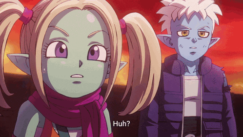 a girl with pigtails is standing next to a boy with a purple jacket and says huh