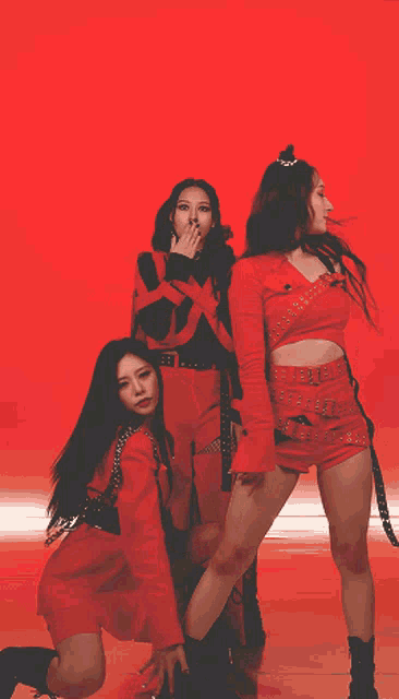 a group of women in red outfits are posing for a picture
