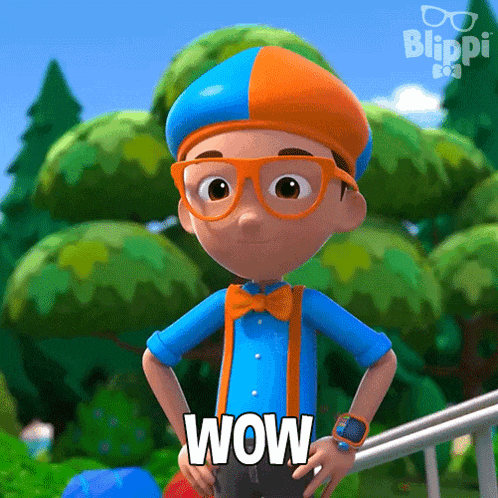 a boy from blippi is standing with his hands on his hips and saying wow