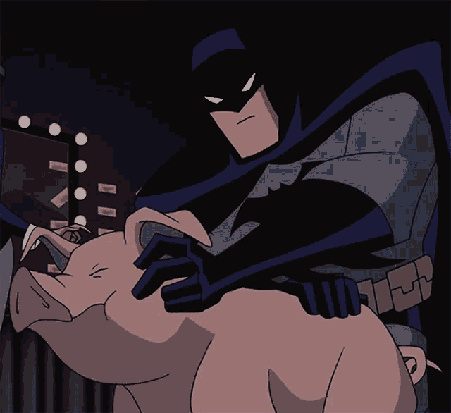 a cartoon drawing of batman holding a pink pig