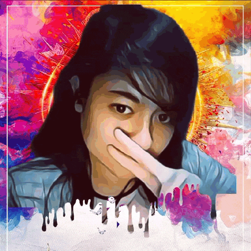 a colorful painting of a woman covering her face with her hand