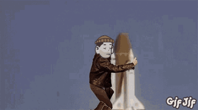 a gif of a person giving a thumbs up in front of a rocket that says gif jif