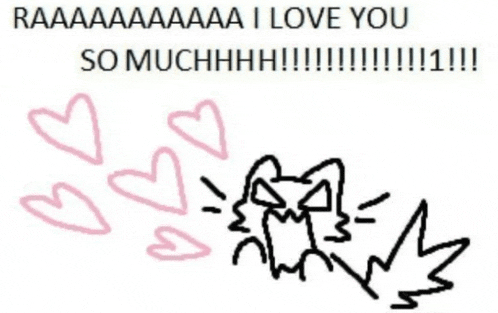 a drawing of a cat surrounded by pink hearts and the words " i love you so muchhhh "