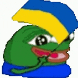 a green frog wearing a blue and yellow hat .