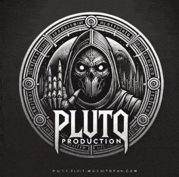a logo for pluto production with a hooded figure