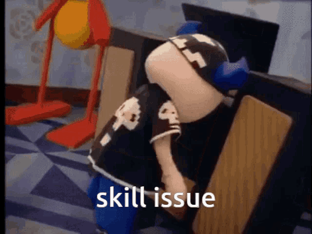 a cartoon character with the word skill issue on the bottom right