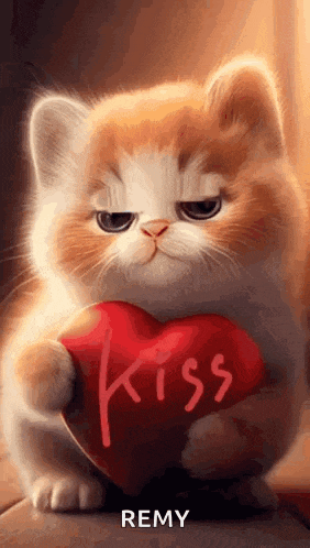 a cat is holding a red heart that says kiss .