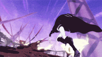 a purple background with a person in a cape running