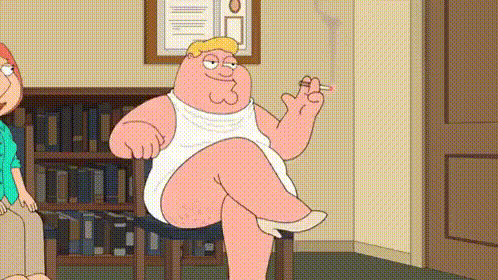 peter griffin is sitting in a chair smoking a cigarette while lois griffin looks on .