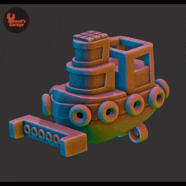 a 3d model of a toy boat with a devil 's garage logo