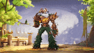 a video game character is standing in a circle with trees behind him