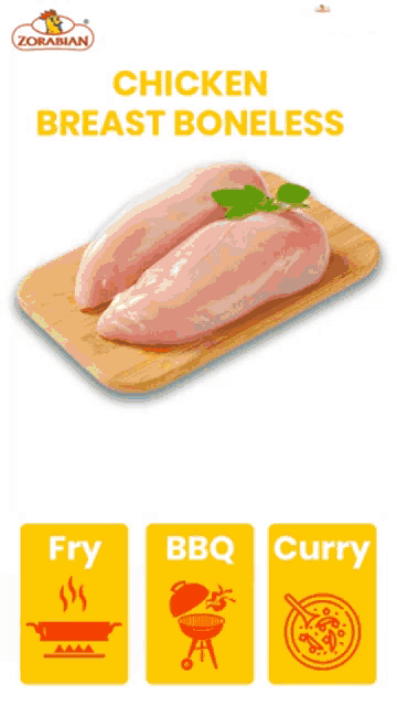an advertisement for chicken breast boneless with a picture of a chicken breast on a cutting board