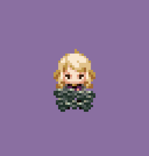 a pixel art of a girl with green and red wings on a purple background