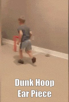 a picture of a person running with the words dunk hoop ear piece