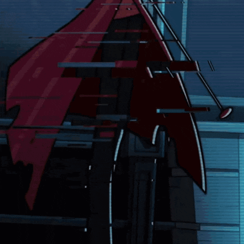 a painting of a building with a red arrow pointing down