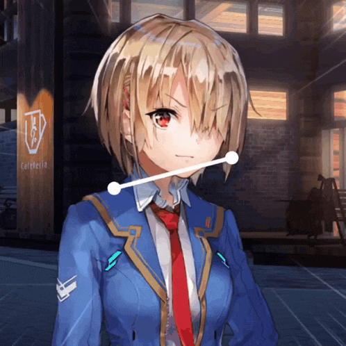 a girl in a blue jacket and red tie stands in front of a cafeteria