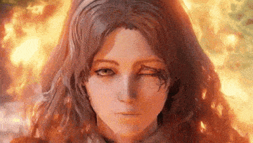 a close up of a woman 's face with fire behind her