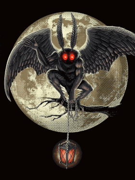 a moth with red eyes is sitting on a tree branch with a lantern hanging from it