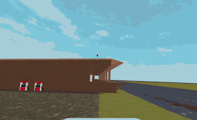 a computer generated image of a building with two gas pumps on the side of it