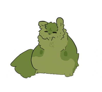 a cartoon drawing of a green cat sitting down with its eyes closed .