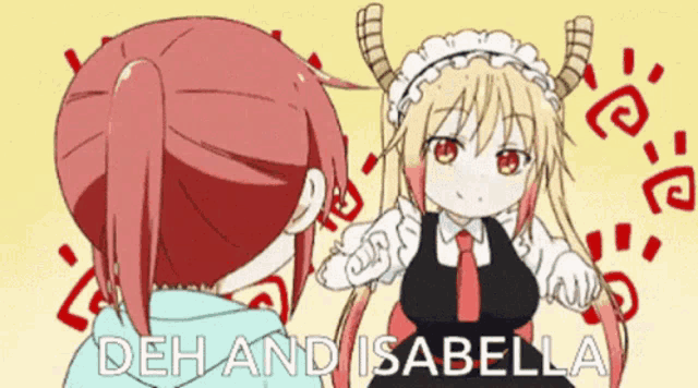 a girl with horns is standing next to another girl with the words " deh and isabella " on the bottom
