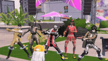 a group of cartoon characters are dancing in a video game