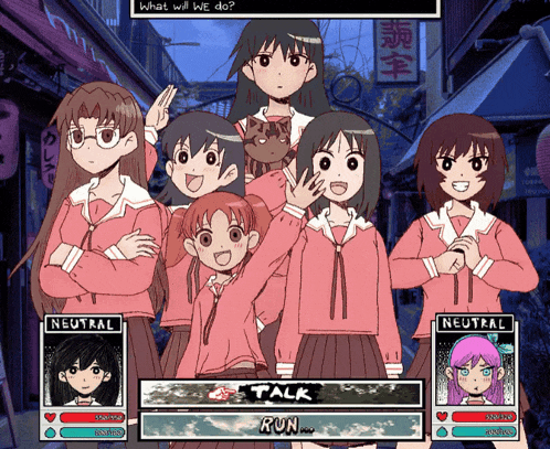 a group of anime girls standing next to each other with the words " what will we do " on the bottom