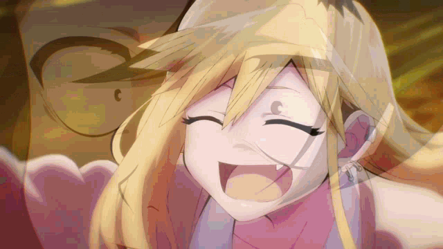 a girl with blonde hair is laughing with a man in the background