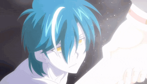 a person with blue hair and yellow eyes