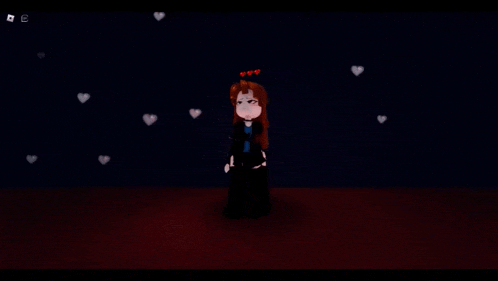 a girl in a black dress is standing in a dark room with hearts flying around her .