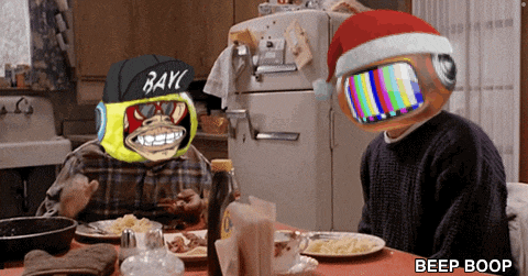 two cartoon characters wearing santa hats are sitting at a table with food and the words beep boop below them