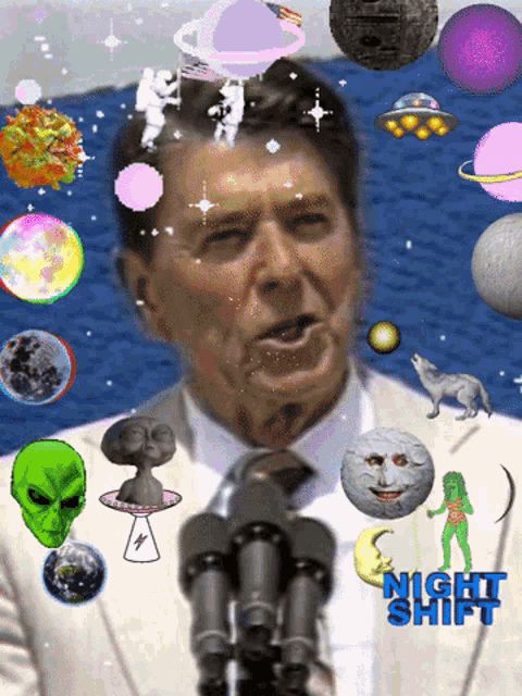a man stands in front of a microphone with the words night shift written on the bottom