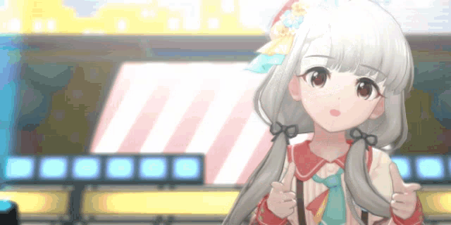 a girl with gray hair and a red shirt is standing in front of a stage