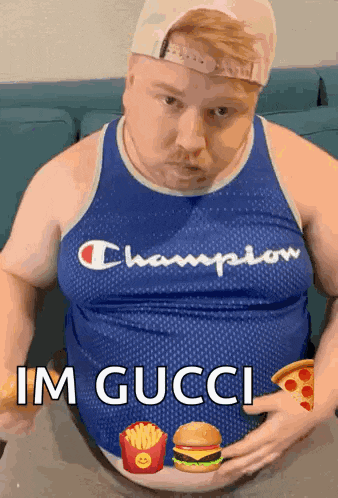 a fat man wearing a champion tank top is holding his belly ..
