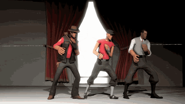 three men are dancing in front of a window with a red curtain