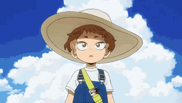 a young boy wearing overalls and a hat looks at the camera