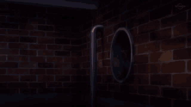 a cartoon character looking out of a hole in a brick wall