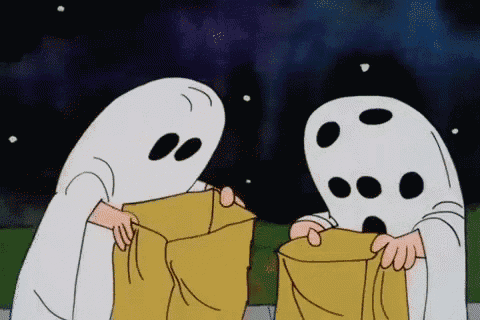 two ghosts are standing next to each other holding bags