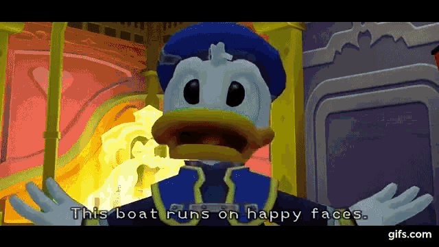 a cartoon of donald duck in a video game says this boat runs on happy faces