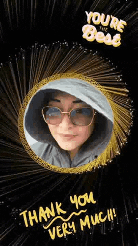 a woman wearing glasses and a hooded jacket is in a frame with a thank you very much message .