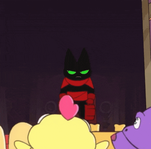 a black cat with green eyes and a red scarf is holding a pink heart