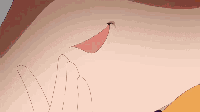 a close up of a cartoon character 's face with a hand on her mouth