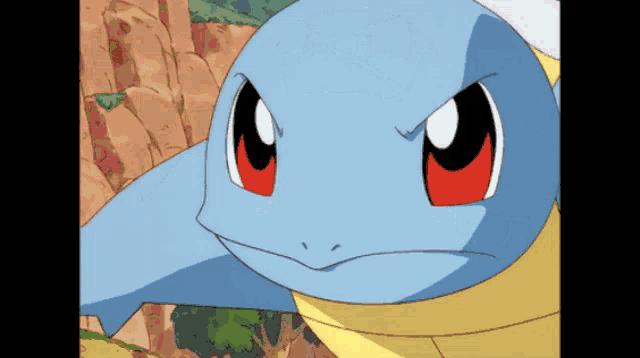 a blue and yellow cartoon character with red eyes and a yellow tail