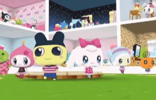 a group of cartoon characters standing next to each other in front of a dollhouse .