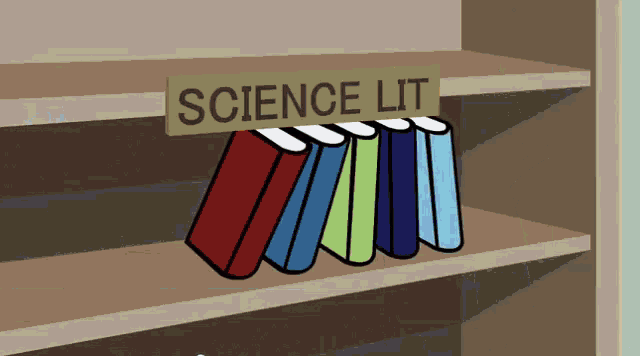 a stack of books on a shelf with a sign that says science lit