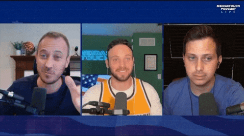 three men are sitting in front of a screen that says mediatouch live